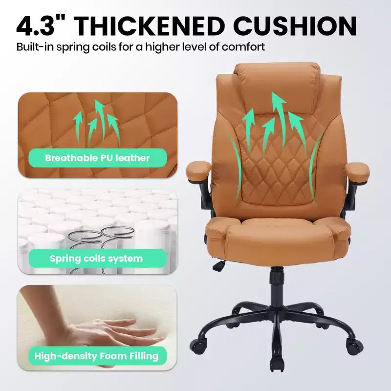 Chaise de bureau en cuir 350 LBS, chaise de bureau ergonomique à dossier haut, roulettes pivotantes à 360°, support lombaire, accoudoirs relevables, pour la maison, le bureau