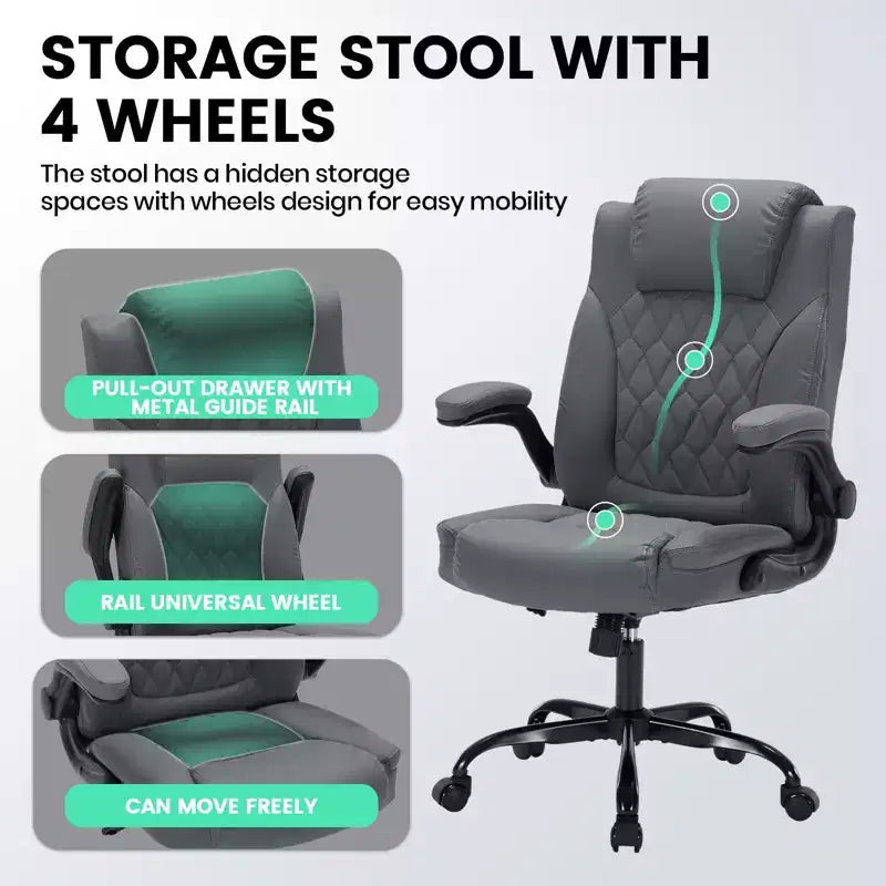 Chaise de bureau en cuir 350 LBS, chaise de bureau ergonomique à dossier haut, roulettes pivotantes à 360°, support lombaire, accoudoirs relevables, pour la maison, le bureau