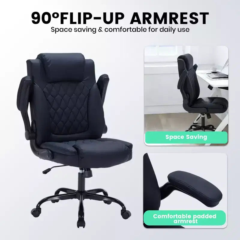Chaise de bureau en cuir 350 LBS, chaise de bureau ergonomique à dossier haut, roulettes pivotantes à 360°, support lombaire, accoudoirs relevables, pour la maison, le bureau