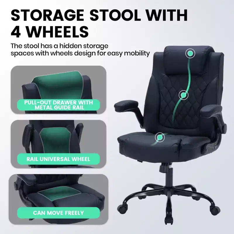 Chaise de bureau en cuir 350 LBS, chaise de bureau ergonomique à dossier haut, roulettes pivotantes à 360°, support lombaire, accoudoirs relevables, pour la maison, le bureau