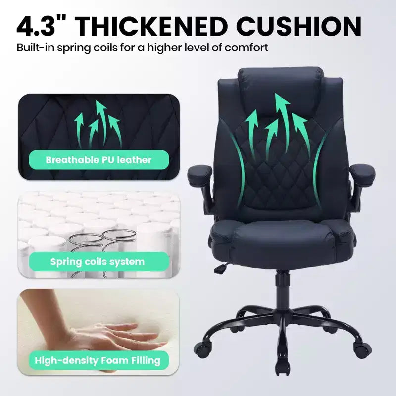 Chaise de bureau en cuir 350 LBS, chaise de bureau ergonomique à dossier haut, roulettes pivotantes à 360°, support lombaire, accoudoirs relevables, pour la maison, le bureau