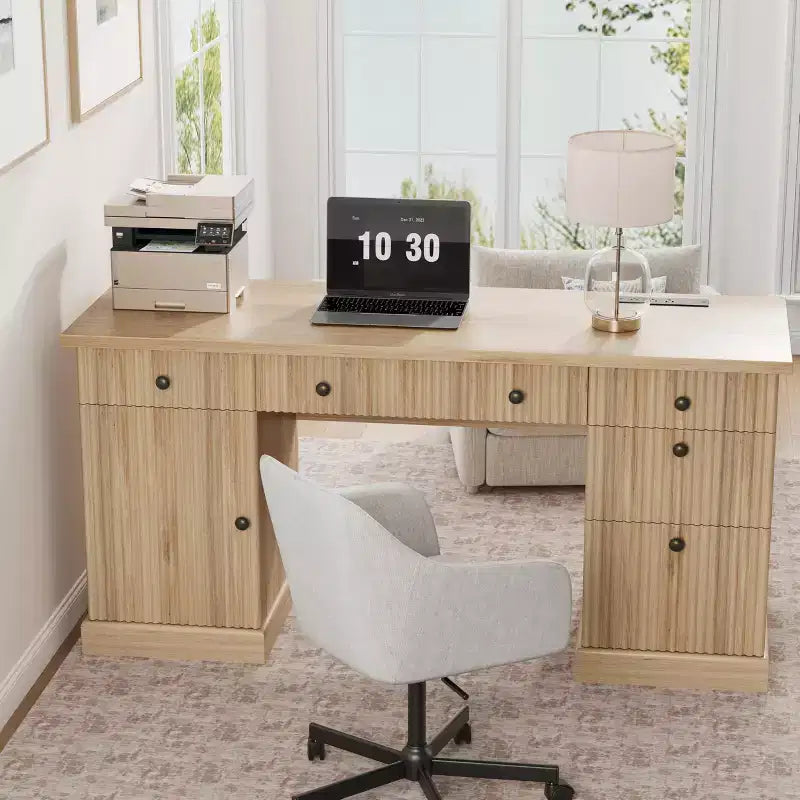 Rangement de bureau cannelé, bureau de direction moderne, bureau d'ordinateur en bois avec classeur et tiroirs pour bureau, salon, chambre à coucher
