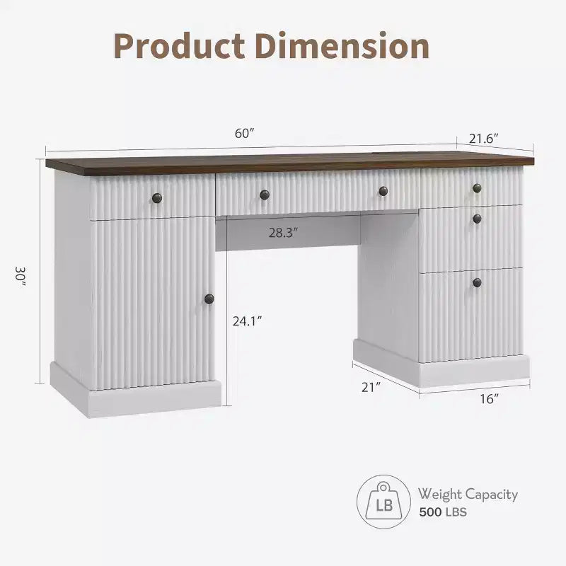 Rangement de bureau cannelé, bureau de direction moderne, bureau d'ordinateur en bois avec classeur et tiroirs pour bureau, salon, chambre à coucher