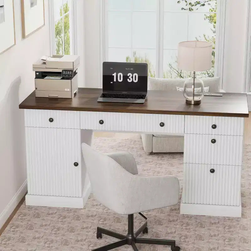 Rangement de bureau cannelé, bureau de direction moderne, bureau d'ordinateur en bois avec classeur et tiroirs pour bureau, salon, chambre à coucher