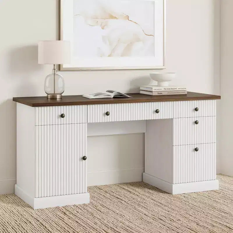 Fluted Home Office Desk Storage, Modern Executive Desk, Wooden Computer Writing Desk with File Cabinet & Drawers for Study, Living Room, Bedroom
