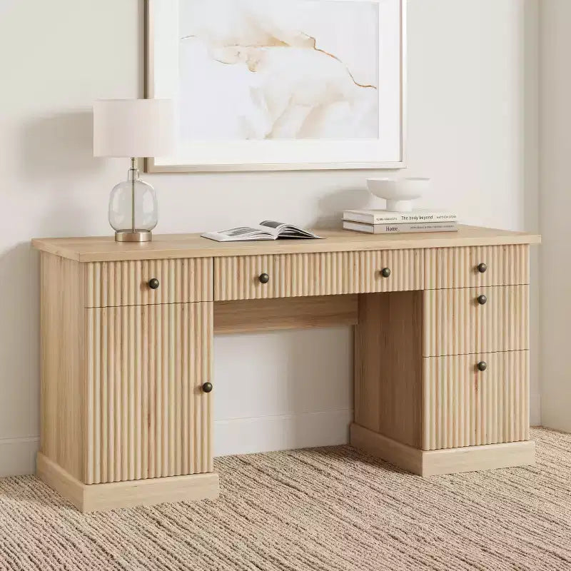 Rangement de bureau cannelé, bureau de direction moderne, bureau d'ordinateur en bois avec classeur et tiroirs pour bureau, salon, chambre à coucher