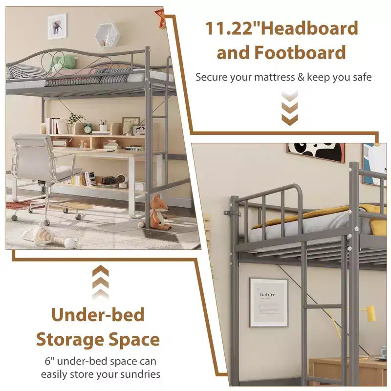 Lit mezzanine simple. Cadre en métal robuste, échelle amovible, barrières de sécurité pleine longueur, capacité de charge de 180 kg, pas besoin de sommier.
