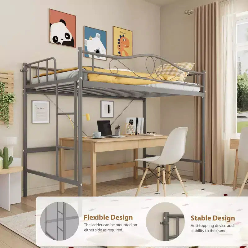 Lit mezzanine simple. Cadre en métal robuste, échelle amovible, barrières de sécurité pleine longueur, capacité de charge de 180 kg, pas besoin de sommier.