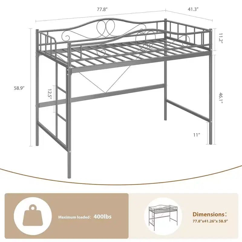 Lit mezzanine simple. Cadre en métal robuste, échelle amovible, barrières de sécurité pleine longueur, capacité de charge de 180 kg, pas besoin de sommier.