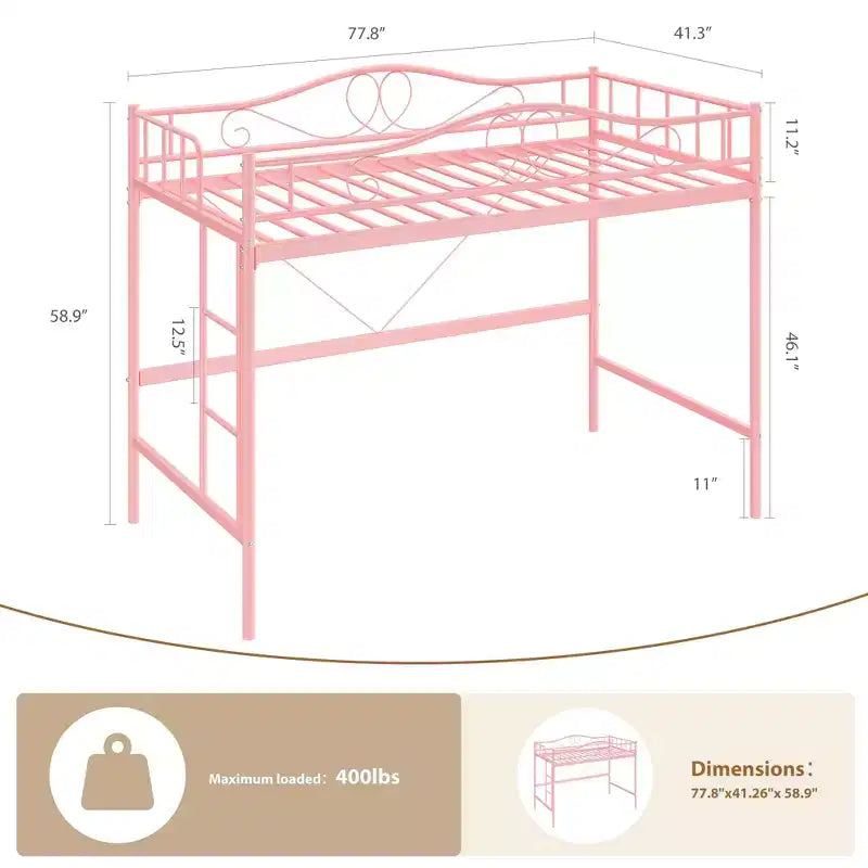 Lit mezzanine simple. Cadre en métal robuste, échelle amovible, barrières de sécurité pleine longueur, capacité de charge de 180 kg, pas besoin de sommier.