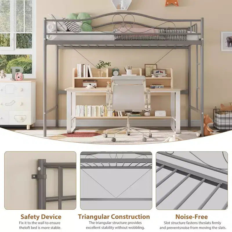 Lit mezzanine simple. Cadre en métal robuste, échelle amovible, barrières de sécurité pleine longueur, capacité de charge de 180 kg, pas besoin de sommier.