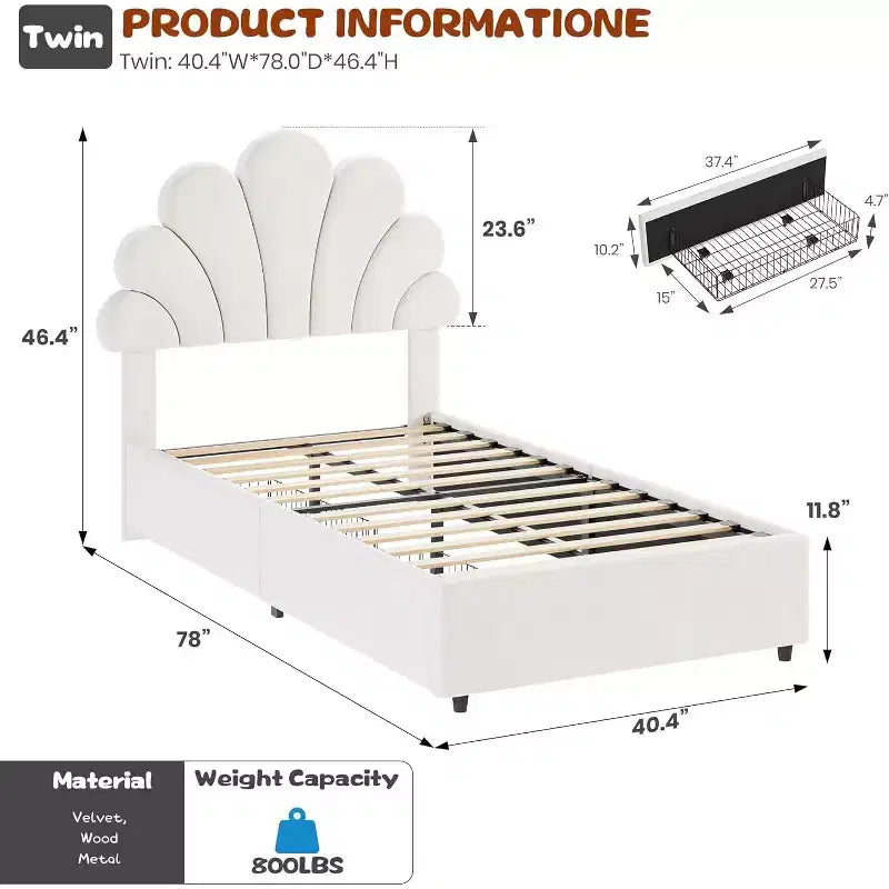 Cadre de lit double rembourré avec 2 tiroirs de rangement et une tête de lit réglable en forme de pétale, en velours doux, aucun sommier tapissier requis.