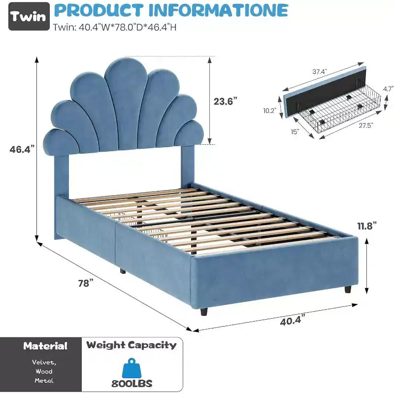 Cadre de lit double rembourré avec 2 tiroirs de rangement et une tête de lit réglable en forme de pétale, en velours doux, aucun sommier tapissier requis.