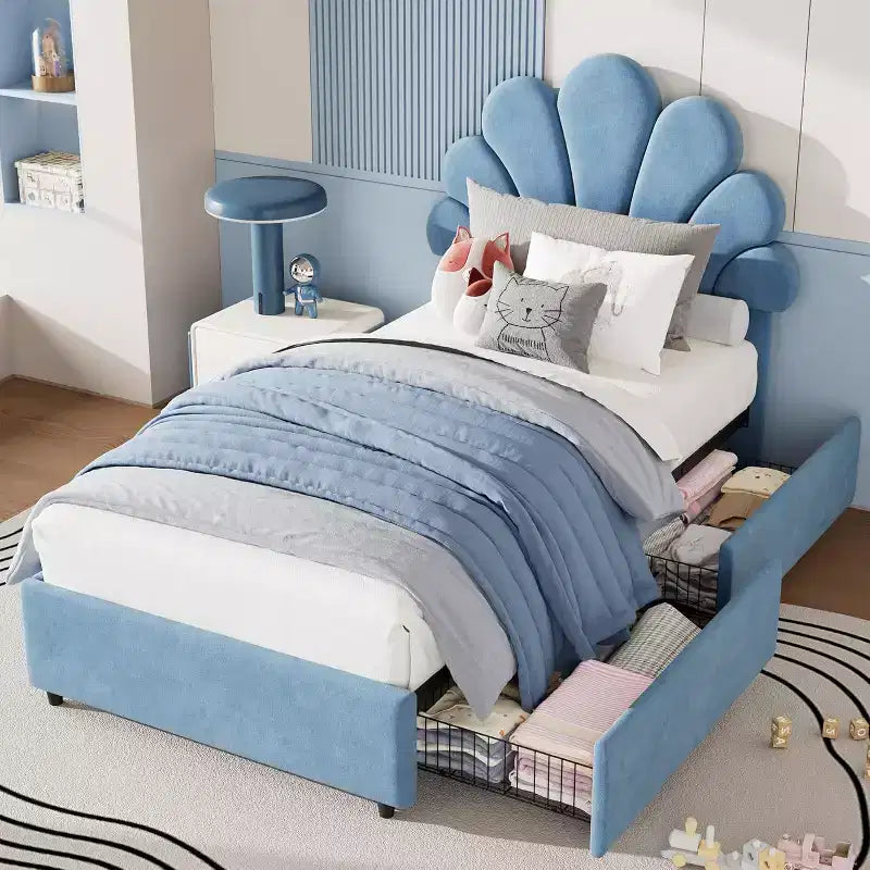 Cadre de lit double rembourré avec 2 tiroirs de rangement et une tête de lit réglable en forme de pétale, en velours doux, aucun sommier tapissier requis.