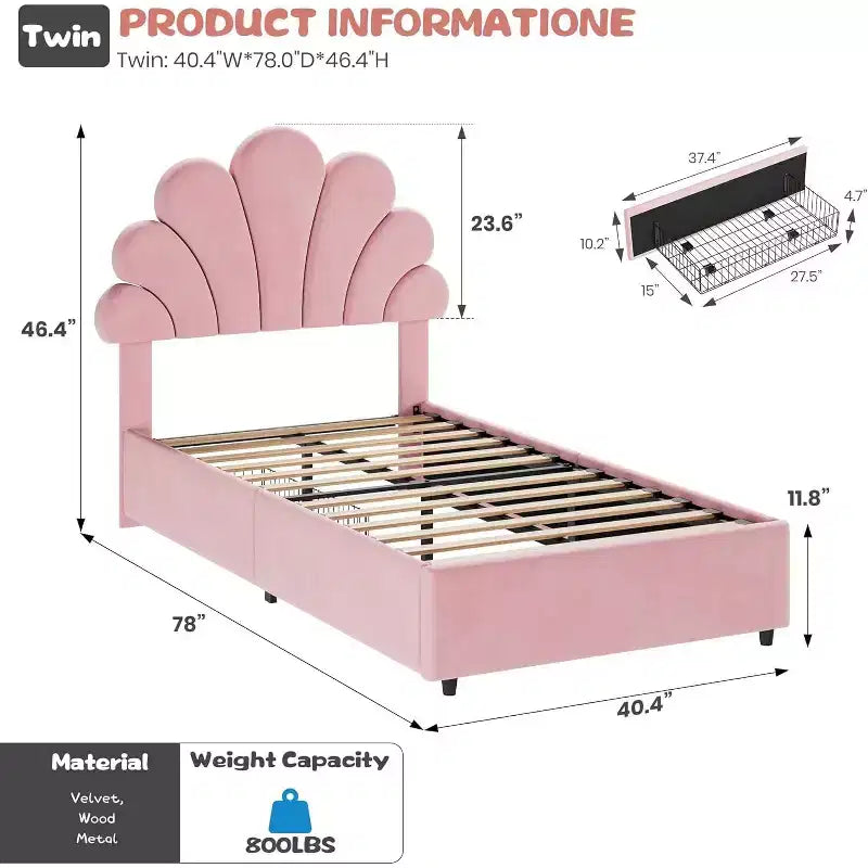 Cadre de lit double rembourré avec 2 tiroirs de rangement et une tête de lit réglable en forme de pétale, en velours doux, aucun sommier tapissier requis.