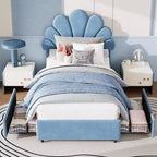 Double-sized upholstered bed frame with 2 storage drawers and an adjustable petal-shaped headboard, made of soft velvet, no spring mattress required.