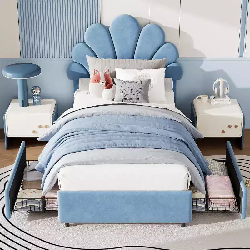 Double-sized upholstered bed frame with 2 storage drawers and an adjustable petal-shaped headboard, made of soft velvet, no spring mattress required.