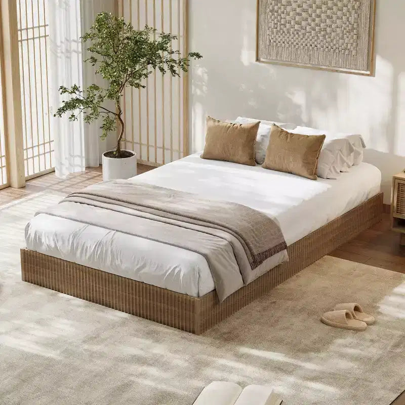 Cadre de lit plateforme ondulé en MDF cannelé minimaliste - Robuste, élégant, silencieux, montage facile, sans sommier tapissier, gain de place