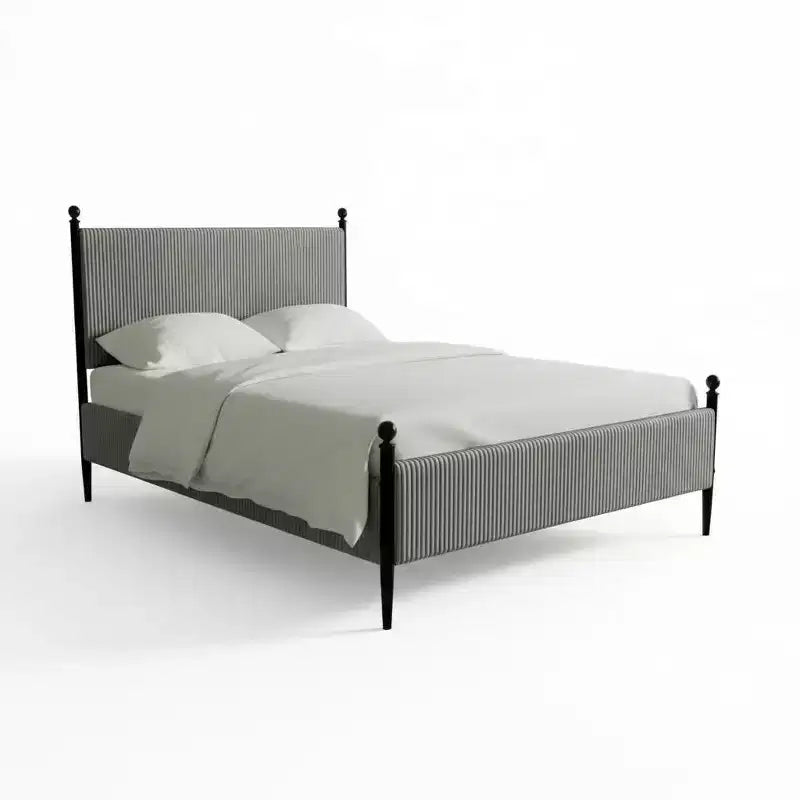 Upholstered Bed Frame  Vertical Stripes Headboard, Vintage Metal Legs, No Box Spring Needed, Easy Assembly