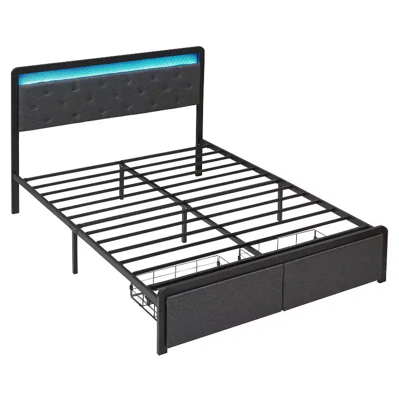 Modern Storage Bed Frame with LED Headboard - Upholstered Platform, Button Tufted, 2 Drawers, Heavy Duty Metal Slats, Noise-Free, Easy Assembly