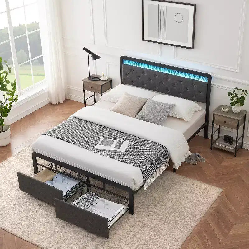 Cadre de lit moderne avec rangement et tête de lit LED - Plateforme capitonnée, Bouton touffeté, 2 tiroirs, Lattes métalliques robustes, Sans bruit, Facile à assembler