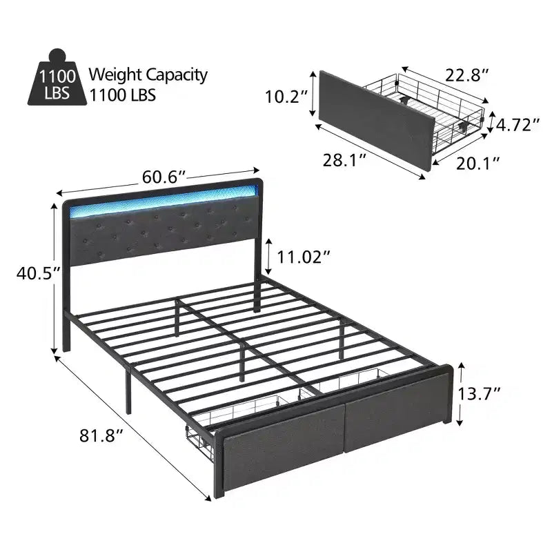 Cadre de lit moderne avec rangement et tête de lit LED - Plateforme capitonnée, Bouton touffeté, 2 tiroirs, Lattes métalliques robustes, Sans bruit, Facile à assembler