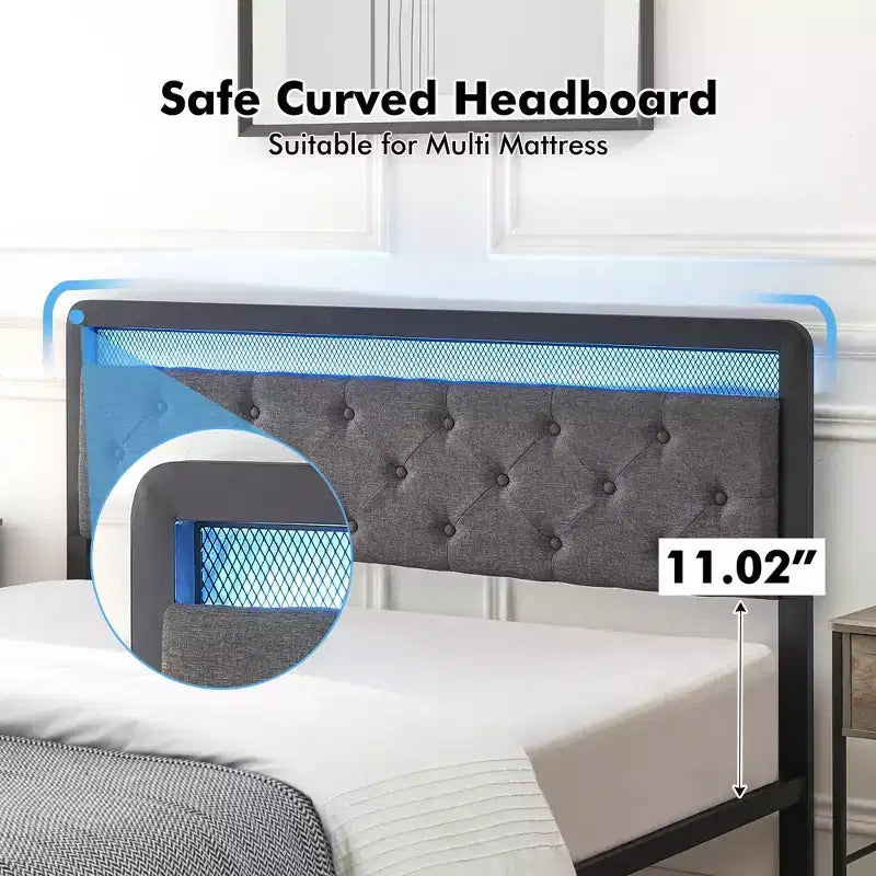 Cadre de lit moderne avec rangement et tête de lit LED - Plateforme capitonnée, Bouton touffeté, 2 tiroirs, Lattes métalliques robustes, Sans bruit, Facile à assembler