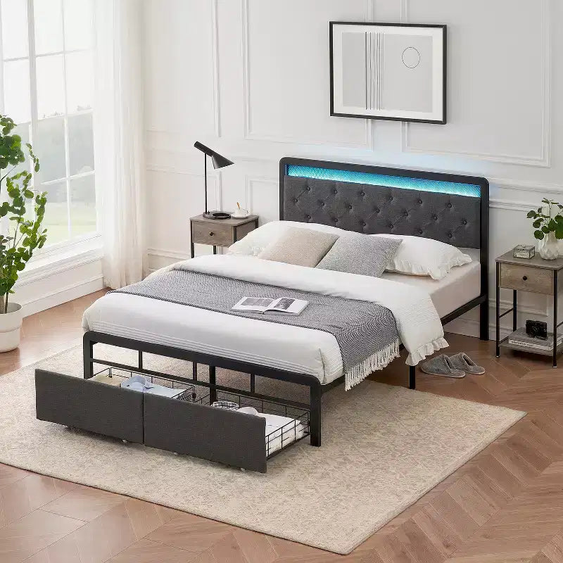 Cadre de lit moderne avec rangement et tête de lit LED - Plateforme capitonnée, Bouton touffeté, 2 tiroirs, Lattes métalliques robustes, Sans bruit, Facile à assembler