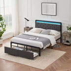 Cadre de lit moderne avec rangement et tête de lit LED - Plateforme capitonnée, Bouton touffeté, 2 tiroirs, Lattes métalliques robustes, Sans bruit, Facile à assembler