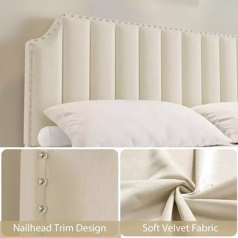 Cadre de lit plateforme en suède, hauteur 127,5 cm, tête et pied de lit matelassés avec rivets, pas besoin de sommier tapissier, beige.