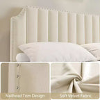 Cadre de lit plateforme en suède, hauteur 127,5 cm, tête et pied de lit matelassés avec rivets, pas besoin de sommier tapissier, beige.
