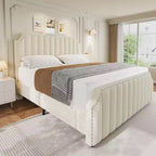 Cadre de lit plateforme en suède, hauteur 127,5 cm, tête et pied de lit matelassés avec rivets, pas besoin de sommier tapissier, beige.