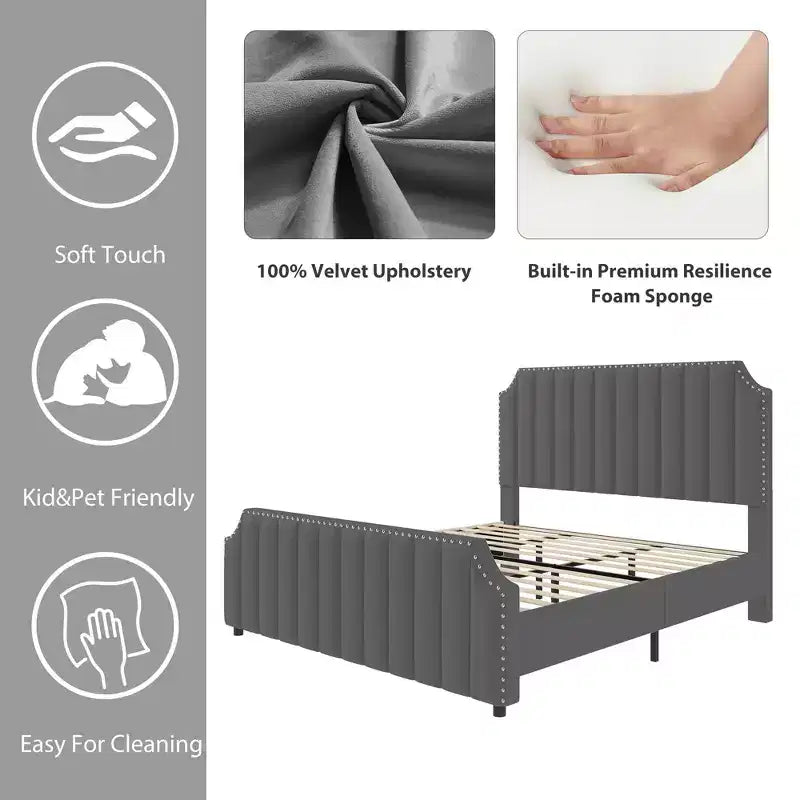 Cadre de lit plateforme en suède, hauteur 127,5 cm, tête et pied de lit matelassés avec rivets, pas besoin de sommier tapissier, beige.