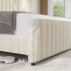 Cadre de lit plateforme en suède, hauteur 127,5 cm, tête et pied de lit matelassés avec rivets, pas besoin de sommier tapissier, beige.