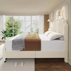 Cadre de lit plateforme en suède, hauteur 127,5 cm, tête et pied de lit matelassés avec rivets, pas besoin de sommier tapissier, beige.