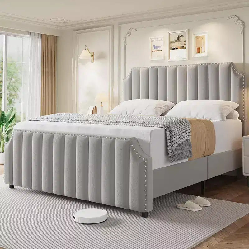 Suede upholstered platform bed frame  50.2 inches high, quilted headboard and footboard with rivets, no spring mattress required, beige.
