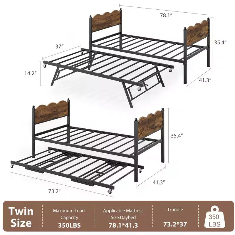 Lit de repos avec lit gigogne, lit de repos simple avec support à lattes métalliques et roulettes verrouillables, tête de lit ondulée avec grain de bois, canapé-lit peu encombrant