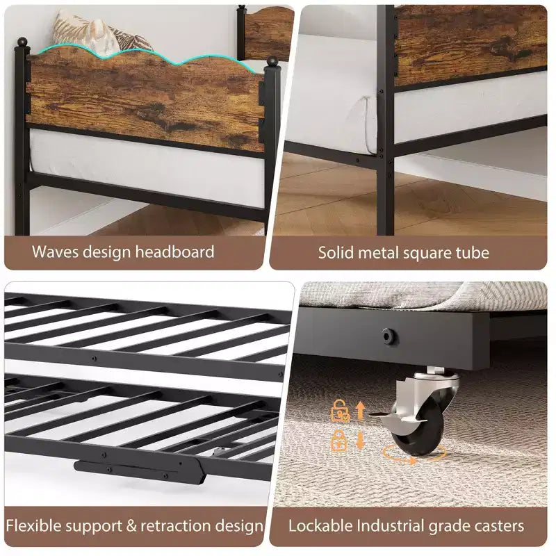 Lit de repos avec lit gigogne, lit de repos simple avec support à lattes métalliques et roulettes verrouillables, tête de lit ondulée avec grain de bois, canapé-lit peu encombrant