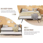 Lit de repos avec lit gigogne, lit de repos simple avec support à lattes métalliques et roulettes verrouillables, tête de lit ondulée avec grain de bois, canapé-lit peu encombrant