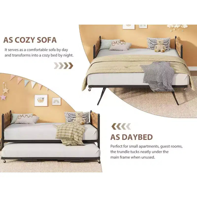 Lit de repos avec lit gigogne, lit de repos simple avec support à lattes métalliques et roulettes verrouillables, tête de lit ondulée avec grain de bois, canapé-lit peu encombrant