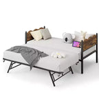 Lit de repos avec lit gigogne, lit de repos simple avec support à lattes métalliques et roulettes verrouillables, tête de lit ondulée avec grain de bois, canapé-lit peu encombrant