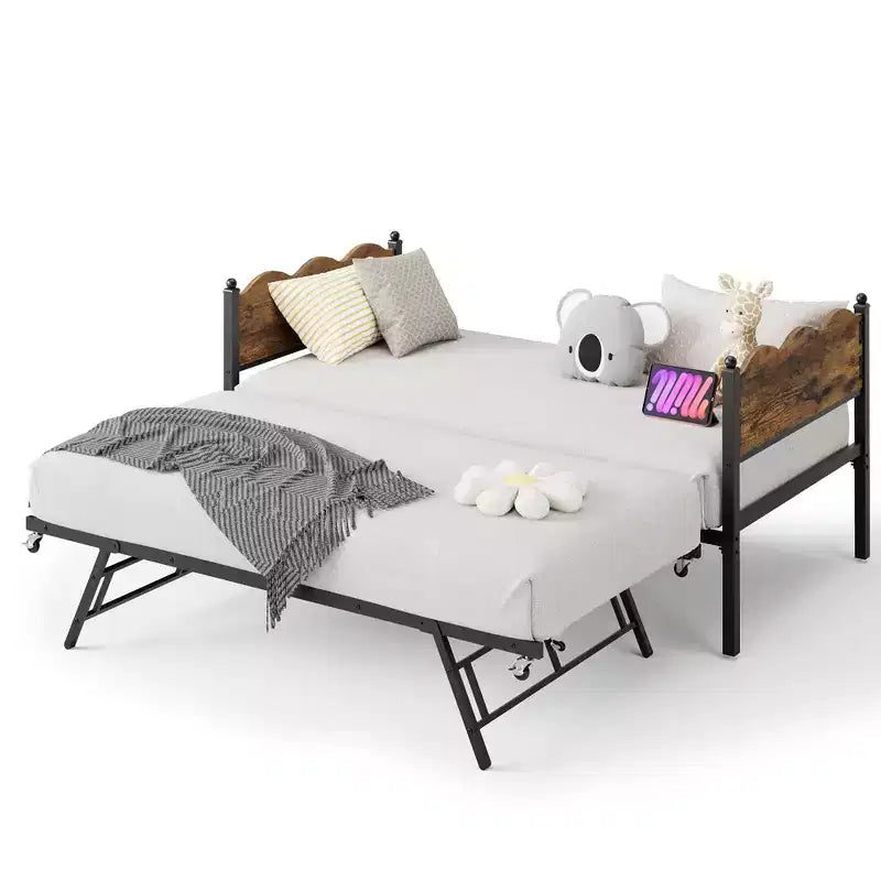Lit de repos avec lit gigogne, lit de repos simple avec support à lattes métalliques et roulettes verrouillables, tête de lit ondulée avec grain de bois, canapé-lit peu encombrant