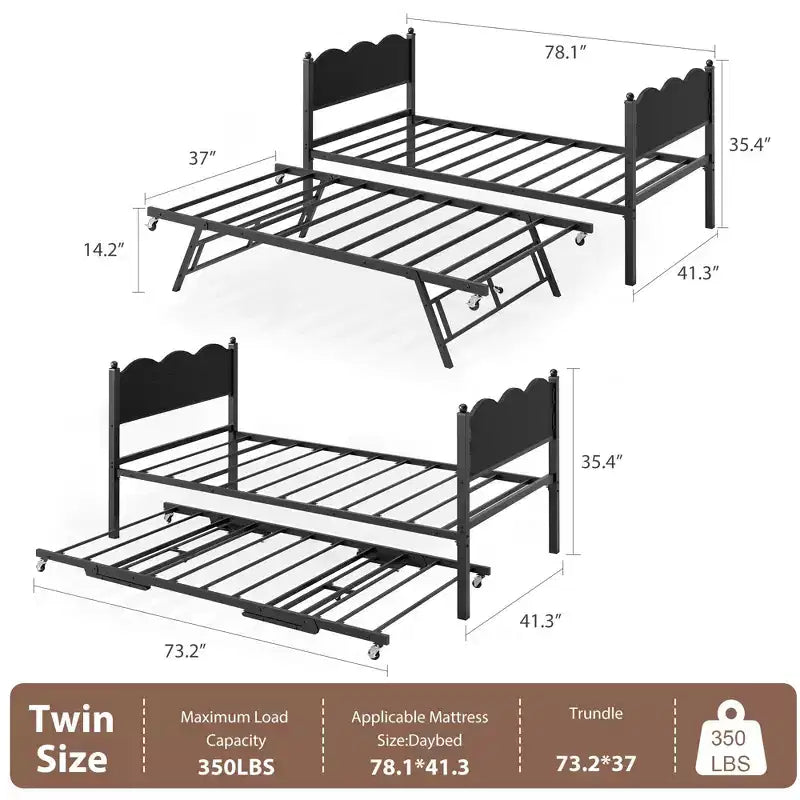Lit de repos avec lit gigogne, lit de repos simple avec support à lattes métalliques et roulettes verrouillables, tête de lit ondulée avec grain de bois, canapé-lit peu encombrant