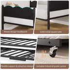 Lit de repos avec lit gigogne, lit de repos simple avec support à lattes métalliques et roulettes verrouillables, tête de lit ondulée avec grain de bois, canapé-lit peu encombrant