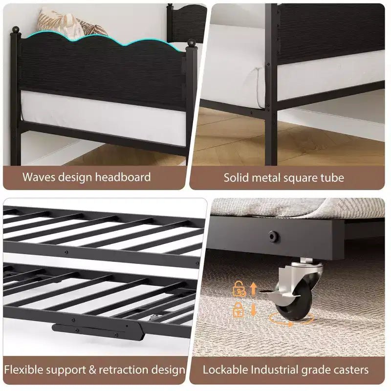 Lit de repos avec lit gigogne, lit de repos simple avec support à lattes métalliques et roulettes verrouillables, tête de lit ondulée avec grain de bois, canapé-lit peu encombrant