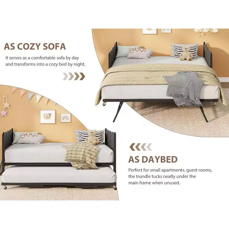 Lit de repos avec lit gigogne, lit de repos simple avec support à lattes métalliques et roulettes verrouillables, tête de lit ondulée avec grain de bois, canapé-lit peu encombrant