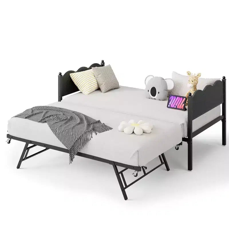 Lit de repos avec lit gigogne, lit de repos simple avec support à lattes métalliques et roulettes verrouillables, tête de lit ondulée avec grain de bois, canapé-lit peu encombrant