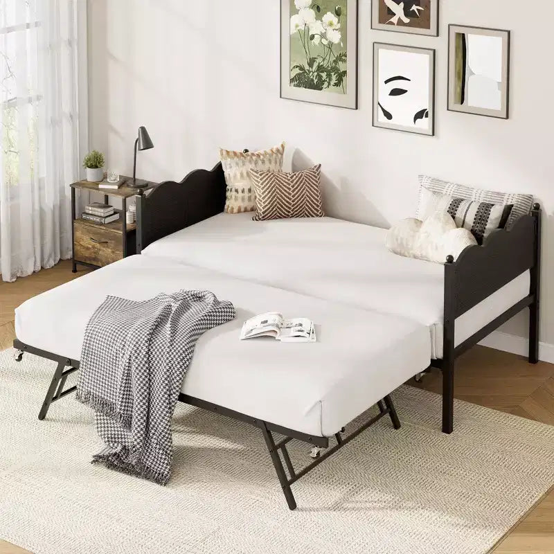 Daybed with Trundle, Twin Size Day Bed with Metal Slat Support & Lockable Casters, Wavy Headboard with Wood Grain, Space-Saving Sofa Bed
