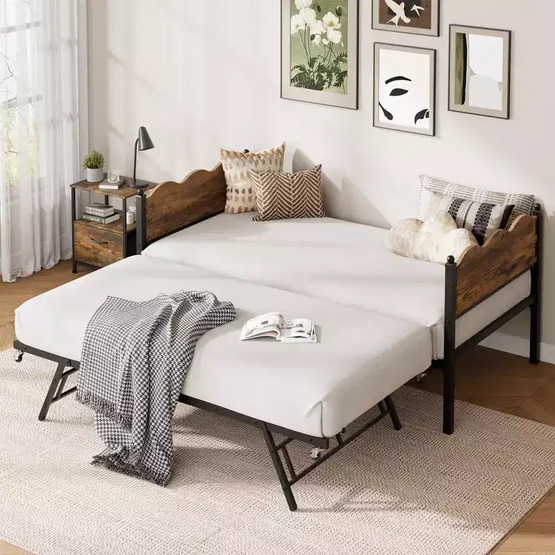 Lit de repos avec lit gigogne, lit de repos simple avec support à lattes métalliques et roulettes verrouillables, tête de lit ondulée avec grain de bois, canapé-lit peu encombrant