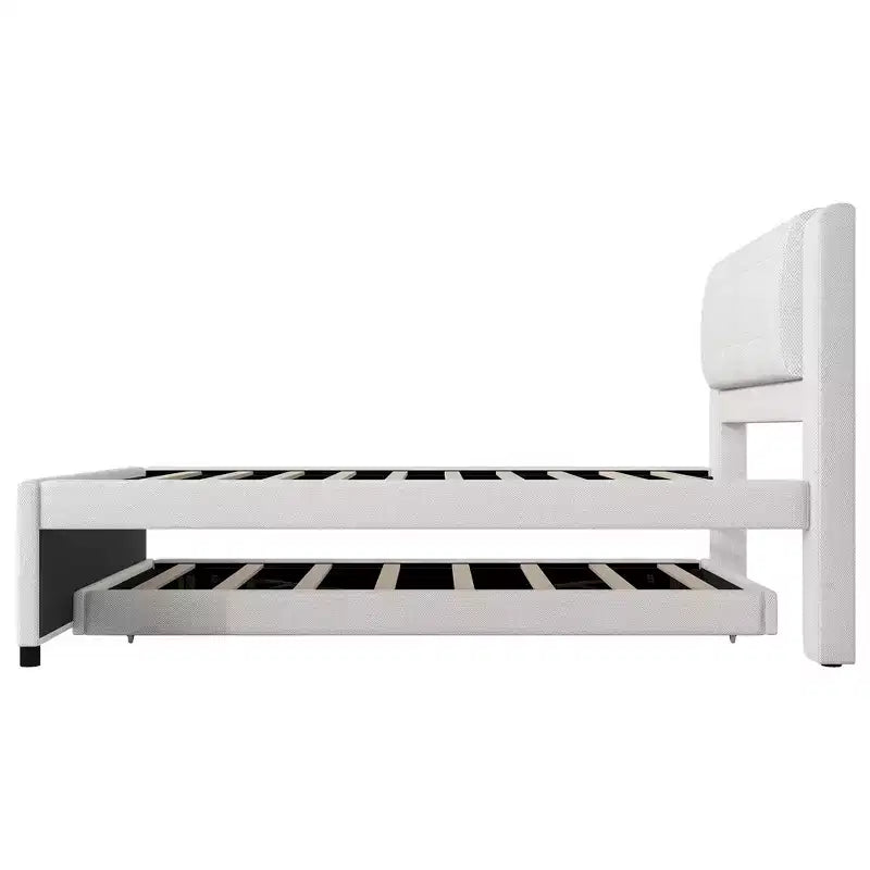 Lit plateforme moderne en lin avec tête de lit et lit gigogne Luxystar, taille standard